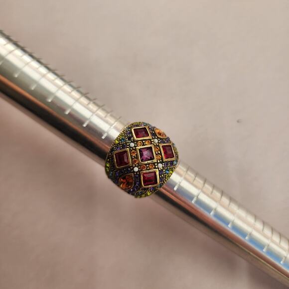 Heidi Daus Cocktail Ring Ornate Bombay Red Multi Crystal Bronze Size 8 - Picture 5 of 11